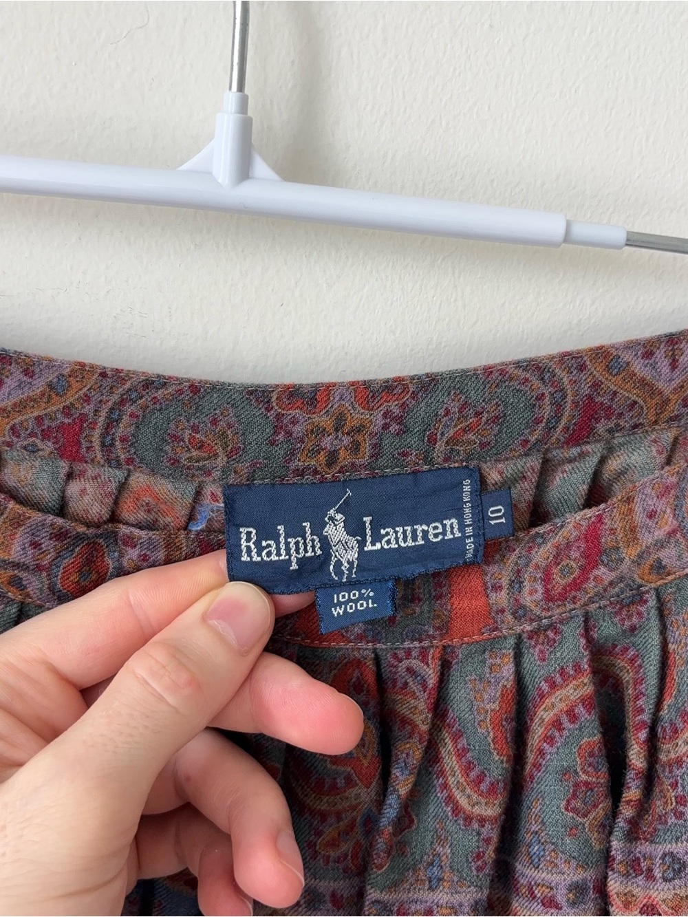 Vintage Ralph Lauren 100% Wool Midi Skirt Size 10 Pleated Paisley 80s Blue Label